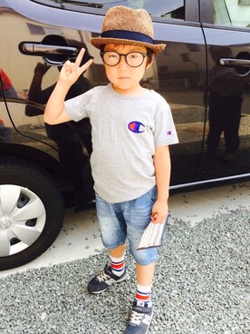 「abcd（ナシ）のアイテム（帽子）」を使った、emi_mitoさん（キッズ・110cm）の夏コーディネート