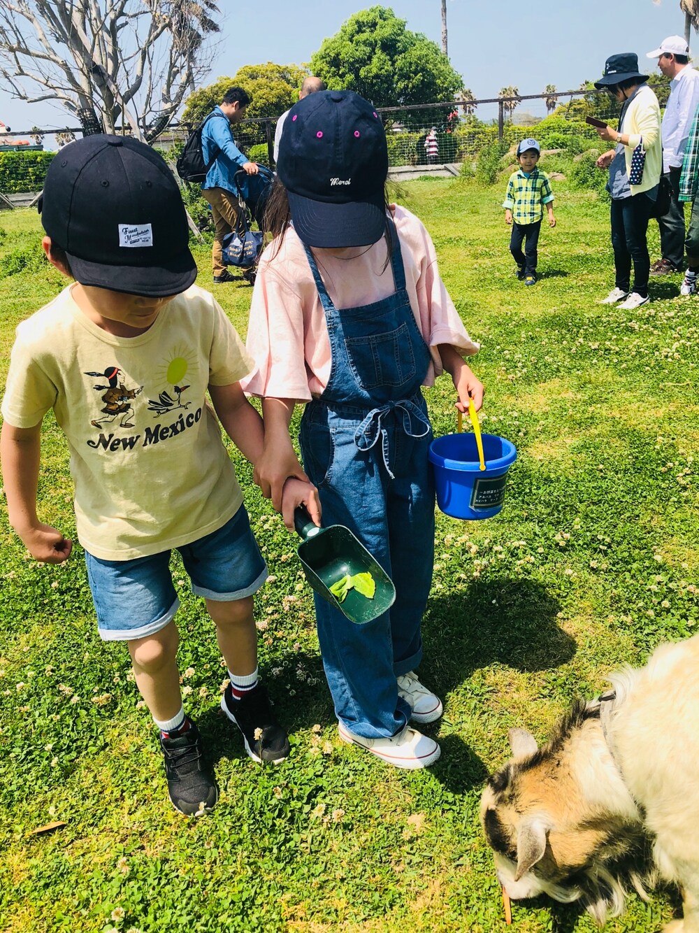 ピンク系のTシャツ/カットソー、ブルー系のデニムパンツ、ベージュ系のTシャツ/カットソーを着用したキッズの春コーディネートの1枚目の写真