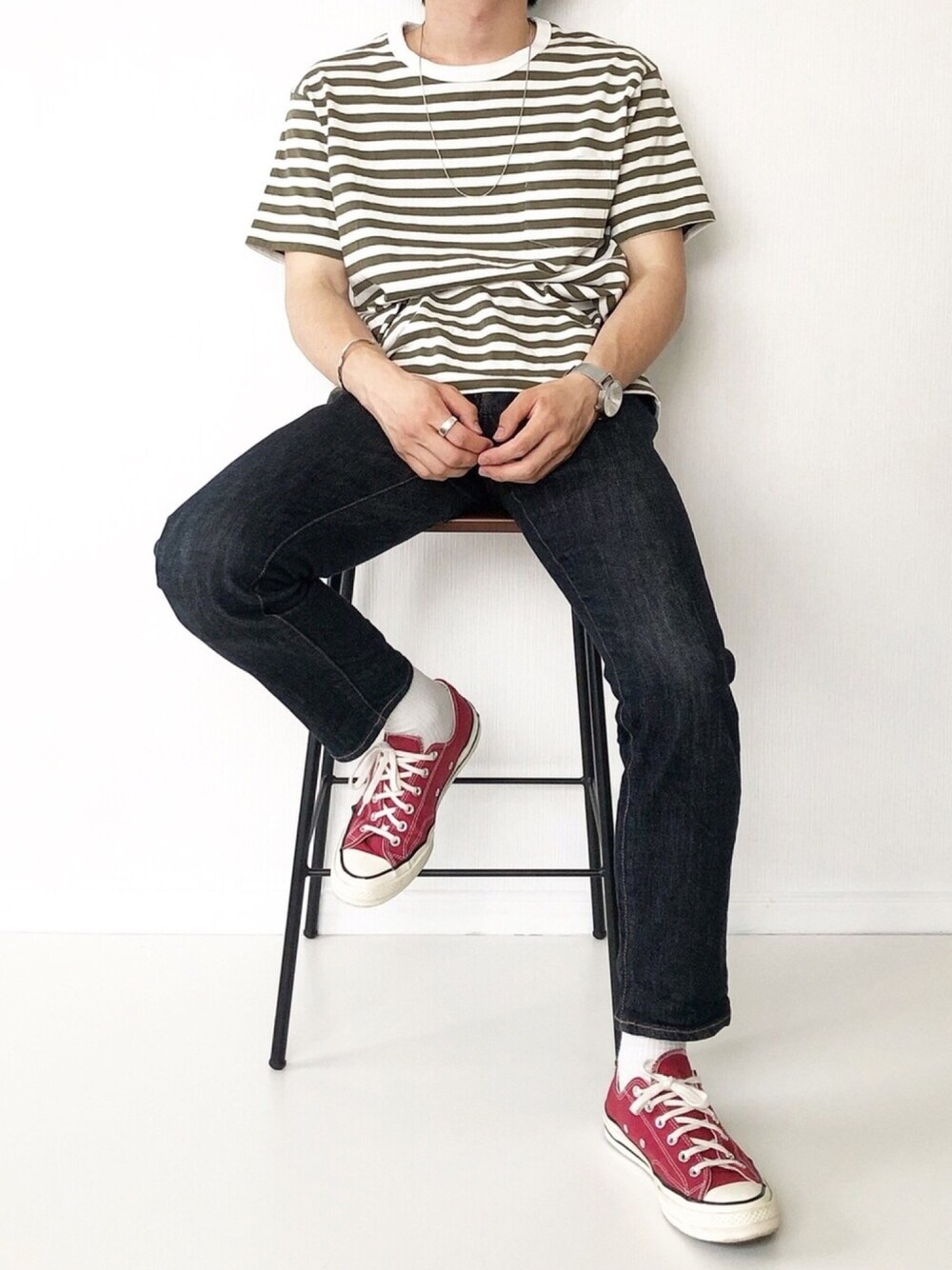 「夏コーデ、大人カジュアル、おしゃれさんと繋がりたい、無印良品、ボーダー、シンプル、プチプラ、コンバース、CT70s、シンプルコーデ」｜「無印良品のアイテム（Tシャツ/カットソー、グリーン系）」を使った、ざーとむさん（メンズ・168cm）の夏コーディネートの1枚目の写真