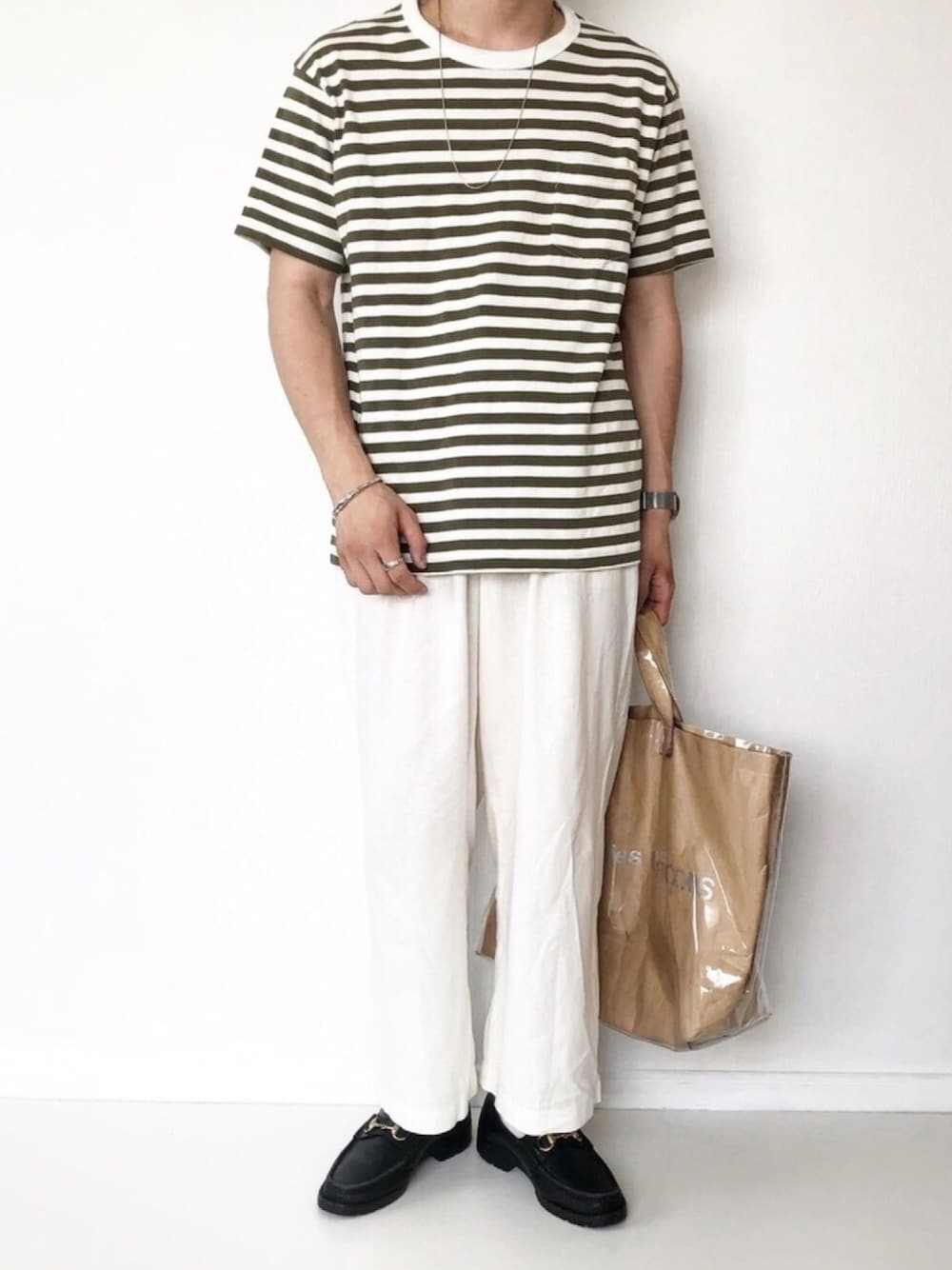 「夏のボーダーフェス、大人カジュアル、シンプル、ユニクロ、UNIQLO、プチプラ、無印良品、コムデギャルソン、リネン、革靴」｜「無印良品のアイテム（Tシャツ/カットソー、グリーン系）」を使った、ざーとむさん（メンズ・168cm）の夏コーディネートの1枚目の写真