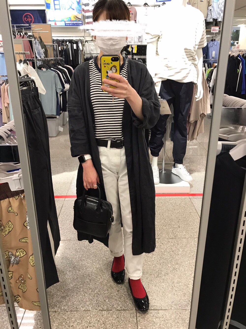 「リネンコート、リネン、ユニクロ、ボーダー、無印良品、今日のコーデ、カジュアル、スクエアバッグ、バレーシューズ、ホワイトパンツ」｜「GUのアイテム（デニムパンツ、ホワイト系）」を使った、rakkoさん（レディース・154cm）の夏コーディネートの1枚目の写真
