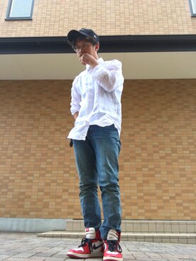 「GU（ジーユー）のアイテム（シャツ/ブラウス、ホワイト系）」を使った、Hidenori Hosokawaさん（メンズ・166cm）の夏コーディネート