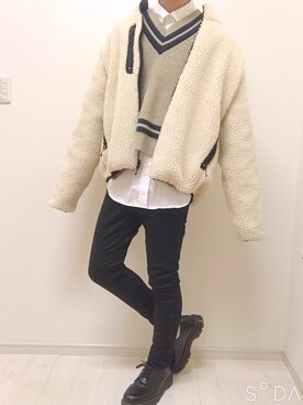 「FREAK'S STORE（フリークスストア）のリバーシブルボアフリースジャケット（ブルゾン）」を使った、ROTOさん（メンズ・182cm）の冬コーディネート