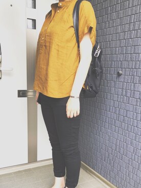 「UNIQLO（ユニクロ）のリネンブレンドブラウス（半袖）（シャツ/ブラウス、ブラウン系）」を使った、 shaoさん（レディース・167cm）の夏コーディネート