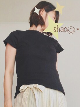 「UNIQLO（ユニクロ）のスーピマコットンリブクルーネックT（半袖）（Tシャツ/カットソー、ブラック系）」を使った、 shaoさん（レディース・167cm）の夏コーディネート