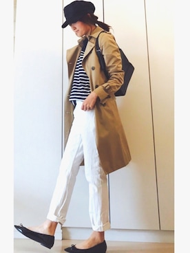 「ネイビー×ホワイト」｜「アイテム（トレンチコート）」を使った、NAnaさん（レディース・158cm）の冬コーディネート