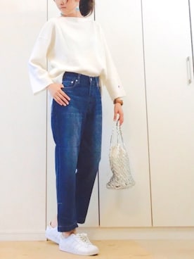 「Casselini（キャセリーニ）の【Casselini(キャセリーニ)】メタリックネットトートバッグ（トートバッグ）」を使った、NAnaさん（レディース・158cm）の春コーディネート
