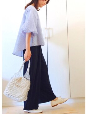 「Casselini（キャセリーニ）の【Casselini(キャセリーニ)】メタリックネットトートバッグ（トートバッグ）」を使った、NAnaさん（レディース・158cm）の春コーディネート