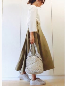 「Casselini（キャセリーニ）の【Casselini(キャセリーニ)】メタリックネットトートバッグ（トートバッグ）」を使った、NAnaさん（レディース・158cm）の春コーディネート