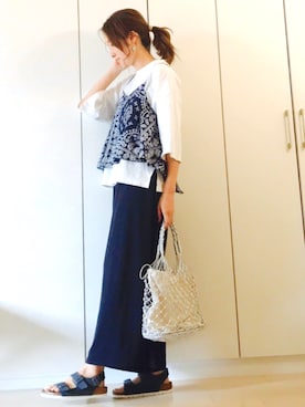 「Casselini（キャセリーニ）の【Casselini(キャセリーニ)】メタリックネットトートバッグ（トートバッグ）」を使った、NAnaさん（レディース・158cm）の春コーディネート