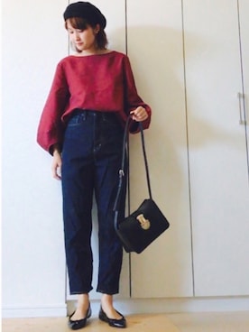 「インディゴデニム」｜「アイテム（ハンチング/ベレー帽）」を使った、NAnaさん（レディース・158cm）の秋コーディネート