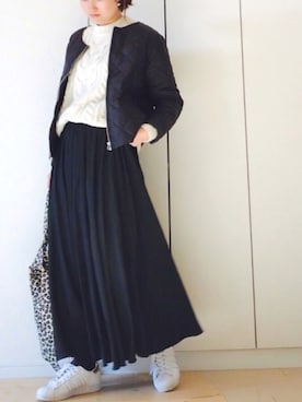 「インナーダウン」｜「アイテム（ノーカラージャケット）」を使った、NAnaさん（レディース・158cm）の秋コーディネート