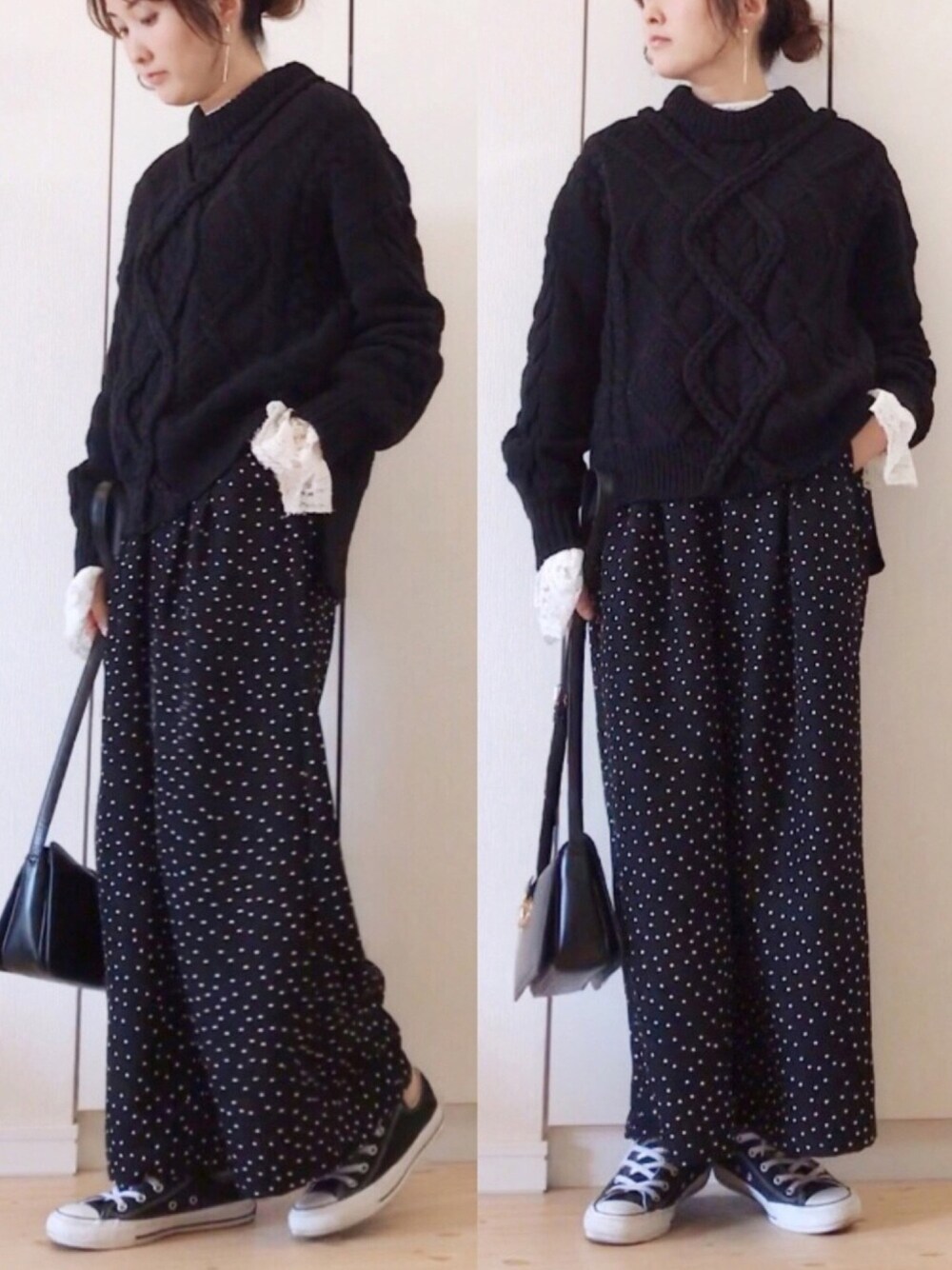 「ドットパンツ、ドット、ワントーンコーデ、オールブラック、黒ニット、ケーブルニット、レースブラウス、GU、大人ガーリー」｜「SLOBE IENAのCLANE ARGYLE 3Dニットトップス◆（ニット/セーター、ブラック系）」を使った、NAnaさん（レディース・158cm）の冬コーディネートの1枚目の写真