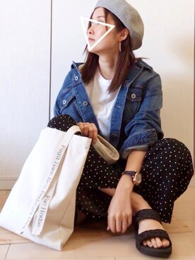 「ドットパンツ」｜「アイテム（デニムジャケット）」を使った、NAnaさん（レディース・158cm）の春コーディネート
