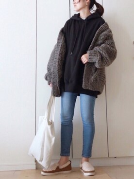 「ゆるニット」｜「アイテム（スリッポン）」を使った、NAnaさん（レディース・158cm）の冬コーディネート