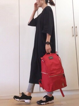 「Chaco closet（チャコ クローゼット）のバルーンスリーブ7分袖ポケット付きミニ裏毛Aラインスウェットワンピース（ワンピース）」を使った、NAnaさん（レディース・158cm）の春コーディネート