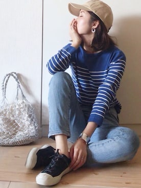 「ZOZO（ゾゾ）のスリムテーパードデニムパンツ［WOMEN］（デニムパンツ）」を使った、NAnaさん（レディース・158cm）の春コーディネート