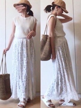 「Chaco closet（チャコ クローゼット）のワッフルフレンチスリーブ半袖T（Tシャツ/カットソー）」を使った、NAnaさん（レディース・157cm）の夏コーディネート