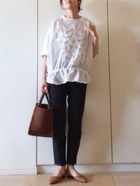 「ZOZO（ゾゾ）のスリムテーパードデニムパンツ［WOMEN］（デニムパンツ）」を使った、NAnaさん（レディース・157cm）の夏コーディネート