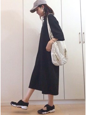 「Chaco closet（チャコ クローゼット）のバルーンスリーブ7分袖ポケット付きミニ裏毛Aラインスウェットワンピース（ワンピース）」を使った、NAnaさん（レディース・157cm）の夏コーディネート