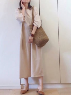 「Chaco closet（チャコ クローゼット）のバルーンスリーブ7分袖ポケット付きミニ裏毛Aラインスウェットワンピース（ワンピース）」を使った、NAnaさん（レディース・157cm）の夏コーディネート