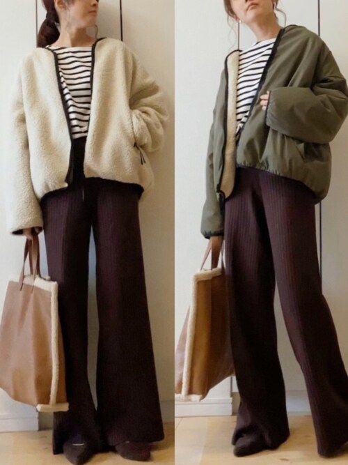 NAnaさんのブルゾン「2wayノーカラー ビックシルエットリバーシブルボアフリースジャケット(Chaco closet|チャコ クローゼット)」を使ったコーディネート
