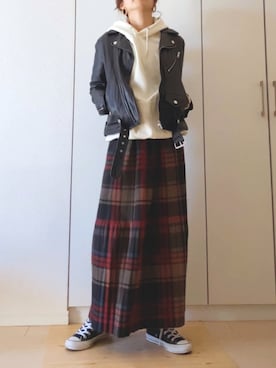 「アイテム（ライダースジャケット）」を使った、NAnaさん（レディース・158cm）の冬コーディネート