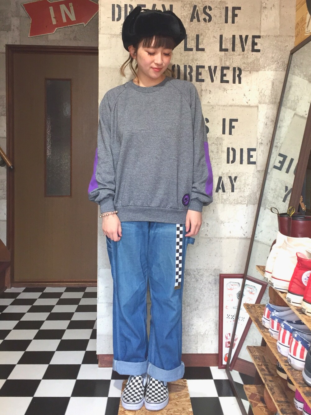 「フライトキャップ、チェッカー、市松模様、バンズ、バンズスリッポン、152cm」｜「LOWRYS FARMのアビエイターHAT　705867（ハット、ブラック系）」を使った、I am AI♡。さん（レディース・152cm）の冬コーディネートの1枚目の写真