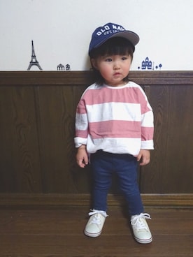 「OLD NAVY（オールドネイビー）のアイテム（キャップ）」を使った、SuzuMinaさん（キッズ・80cm）の春コーディネート
