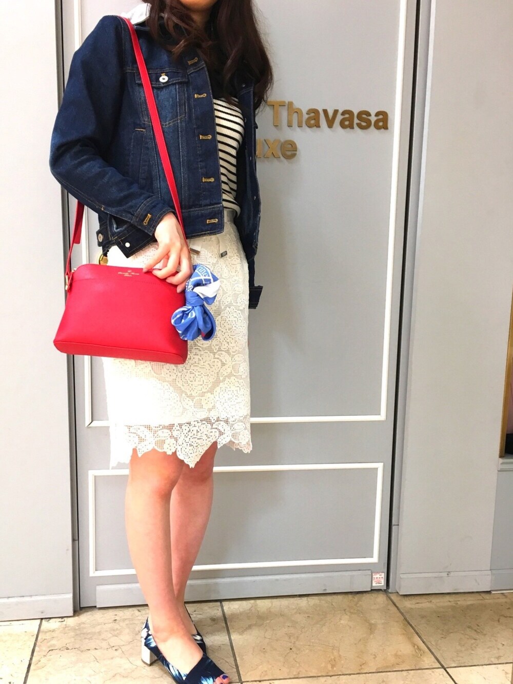 「STG、Samantha Thavasa Deluxe、オリーブ デ オリーブ(OLIVE des OLIVE)、ミッシュ マッシュ(MISCH MASCH)、JILL by Jillstuart、スカーフアレンジ、マリンコーデ」｜「JILL by JILL STUARTのアイテム（トップス、ホワイト系）」を使った、Maikuroさん（レディース・165cm）の春コーディネートの1枚目の写真
