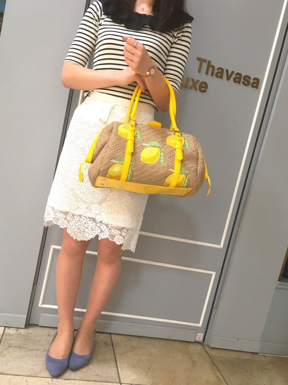 「STG、サマンサ、Samantha Thavasa Deluxe、レモン柄、ミッシュ マッシュ(MISCH MASCH)、JILL by Jillstuart、LOWRYS FARM、４℃、フルーツ柄」｜「JILL by JILL STUARTのアイテム（トップス、ホワイト系）」を使った、Maikuroさん（レディース・165cm）の夏コーディネートの1枚目の写真