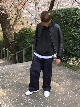 「EMMA  CLOTHES」｜「アイテム（ライダースジャケット）」を使った、かんへるさん（メンズ・173cm）の春コーディネート