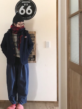 「赤マフラー」｜「アイテム（その他アウター）」を使った、mioさん（レディース・155cm）の冬コーディネート