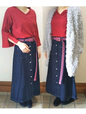 「赤Tシャツ」｜「アイテム（ムートンコート）」を使った、Erikaさん（レディース・161cm）の冬コーディネート