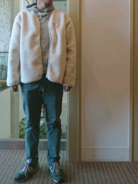 「ボアフリース」｜「アイテム（ノーカラージャケット）」を使った、ひろやすさん（メンズ・170cm）の秋コーディネート