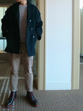 「ケーブルニット」｜「アイテム（ピーコート）」を使った、ひろやすさん（メンズ・170cm）の冬コーディネート