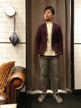 「アイテム（テーラードジャケット、レッド系）」を使った、keitaさん（メンズ・177cm）の冬コーディネート