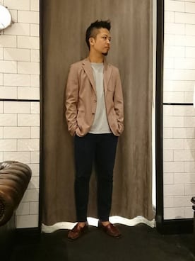 「アイテム（テーラードジャケット、レッド系）」を使った、keitaさん（メンズ・177cm）の春コーディネート