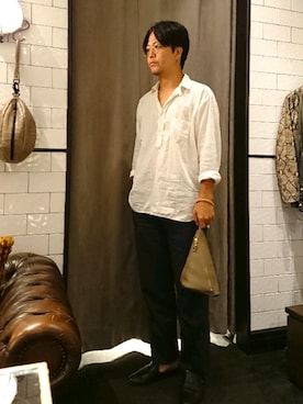 「Magnu（マヌー）のMagnu/マヌー/Tee Pee pouch（ハンドバッグ）」を使った、keitaさん（メンズ・177cm）の夏コーディネート