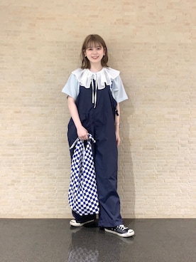 「付け襟」｜「アイテム（オールインワン・サロペット）」を使った、ぽちさん（レディース・158cm）の夏コーディネート
