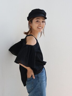 「オープンショルダー」｜「アイテム（帽子）」を使った、Ungrid STAFFさん（レディース・162cm）の春コーディネート