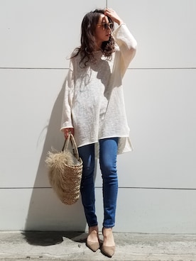 「Ungrid（アングリッド）のハイウエストストスリ（デニムパンツ）」を使った、Ungrid STAFFさん（レディース・159cm）の春コーディネート
