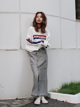 「Ungrid（アングリッド）のCollegedaleロゴロングスリーブTee（Tシャツ/カットソー）」を使った、Ungrid STAFFさん（レディース・155cm）の秋コーディネート