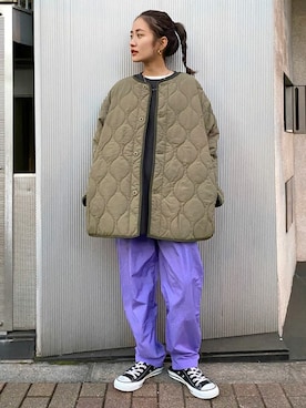 「Ungrid（アングリッド）の【WEB限定】ナイロンカラーテーパードパンツ（その他パンツ）」を使った、Ungrid STAFFさん（レディース・155cm）の冬コーディネート