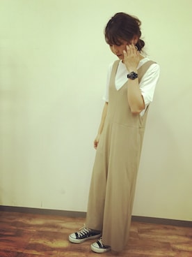 「アイテム（つなぎ/オールインワン、ベージュ系）」を使った、w_ayyyさん（レディース・163cm）の夏コーディネート