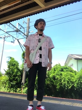 「ピンクシャツ」｜「アイテム（ハンチング/ベレー帽）」を使った、HIDEさん（メンズ・166cm）の春コーディネート
