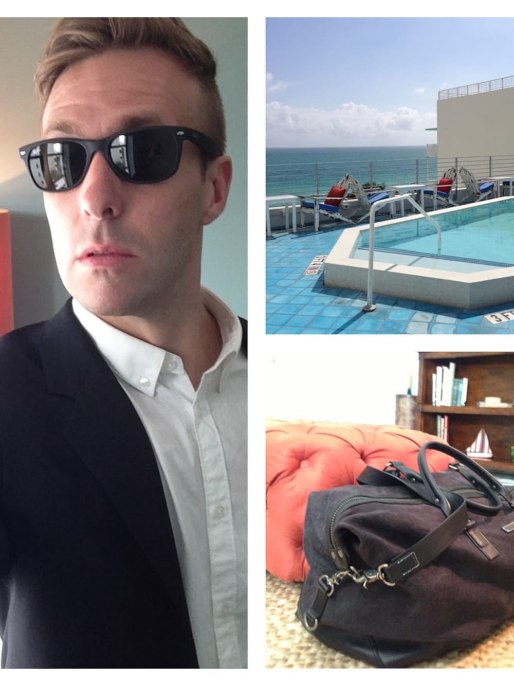 「BAG、eyewear、jacket 、John varvatos、ray-ban、top、VERSACE for H&M、ZARA」｜Scott Brasherさん（メンズ）の冬コーディネートの1枚目の写真