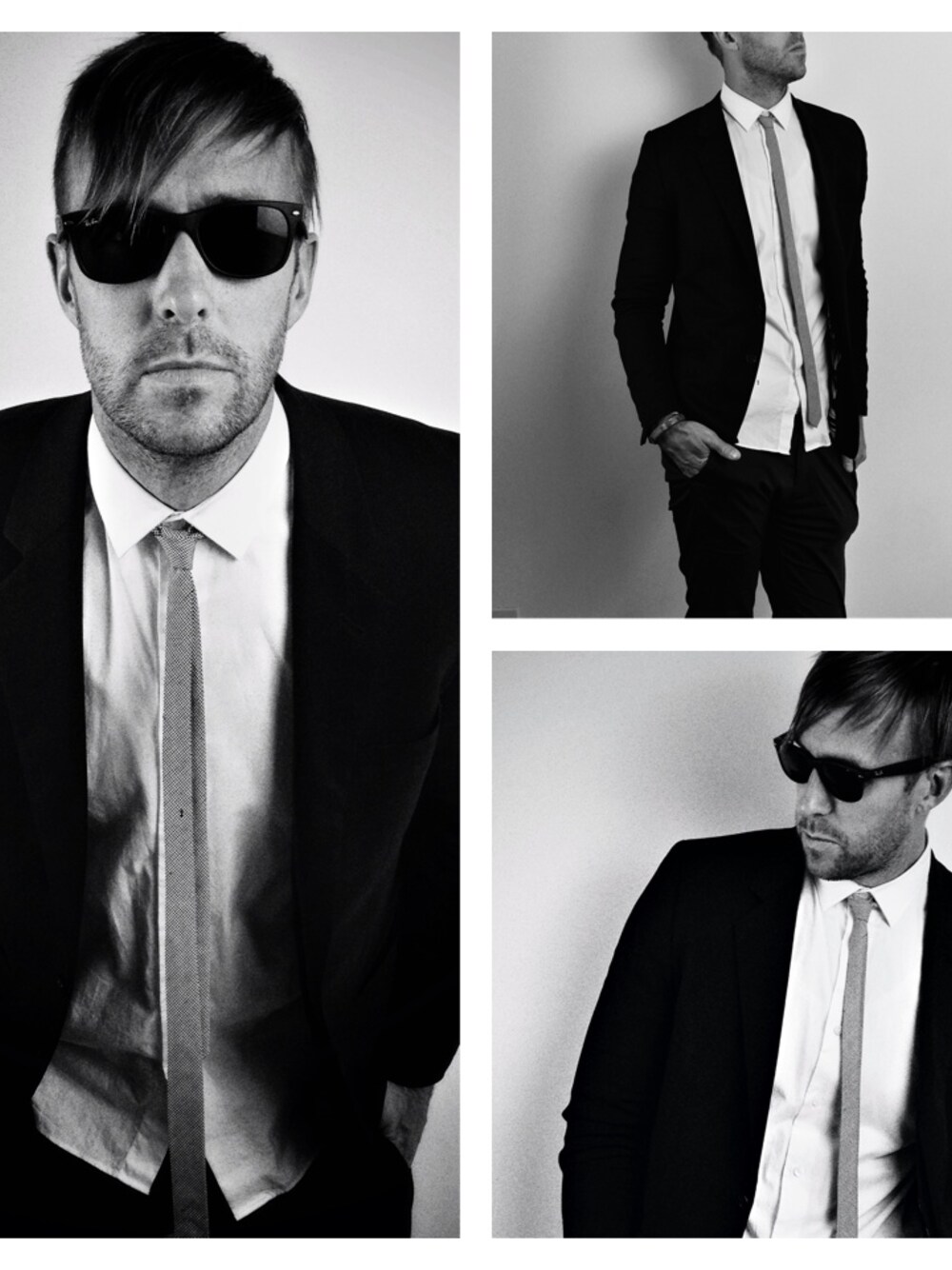 「all saints、blazer、eyewear、LANVIN、pants、ray-ban、top、VERSACE for H&M」｜Scott Brasherさん（メンズ）の夏コーディネートの1枚目の写真