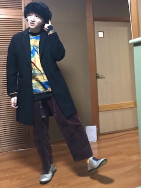 「SPINNS（スピンズ）のアイテム（チェスターコート）」を使った、みっきーさん（メンズ・166cm）の冬コーディネート