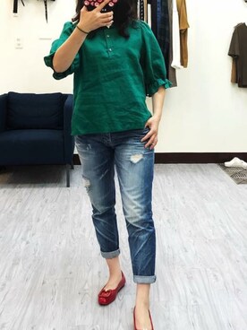 「老maryのアイテム（トップス、グリーン系）」を使った、老Mary さん（レディース・160cm）の春コーディネート